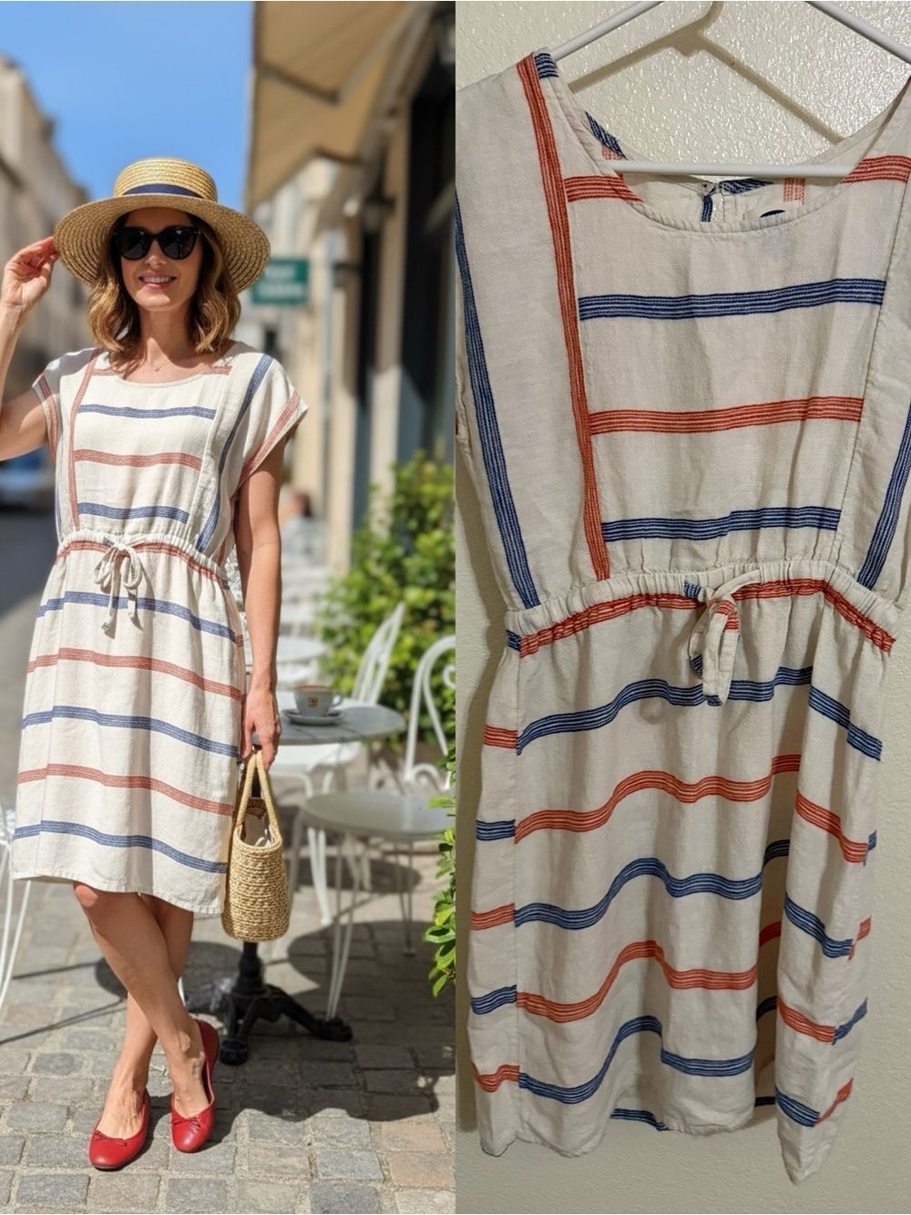 Old Navy Linen Blend Stripe Dress XS Red Blue White Drawstring Waist Coastal